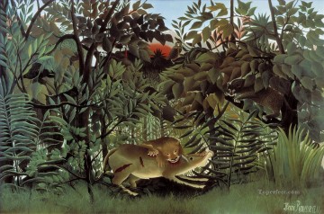 El león hambriento atacando a un antílope Le lion ayant faim se jette sur antilope Henri Rousseau Postimpresionismo Primitivismo ingenuo Pinturas al óleo
